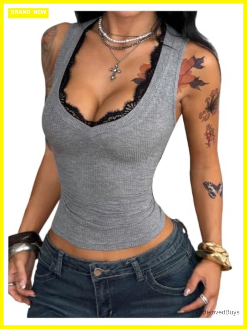 Viscose Lace Trim Y2k Ribbed Fitted Crop Tank Top Sexy Clubwear